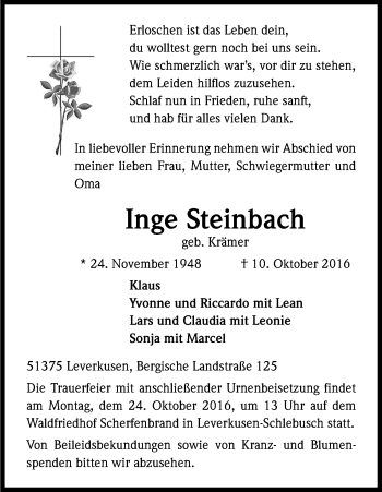 Anzeige von Inge Steinbach von Kölner Stadt-Anzeiger / Kölnische Rundschau / Express