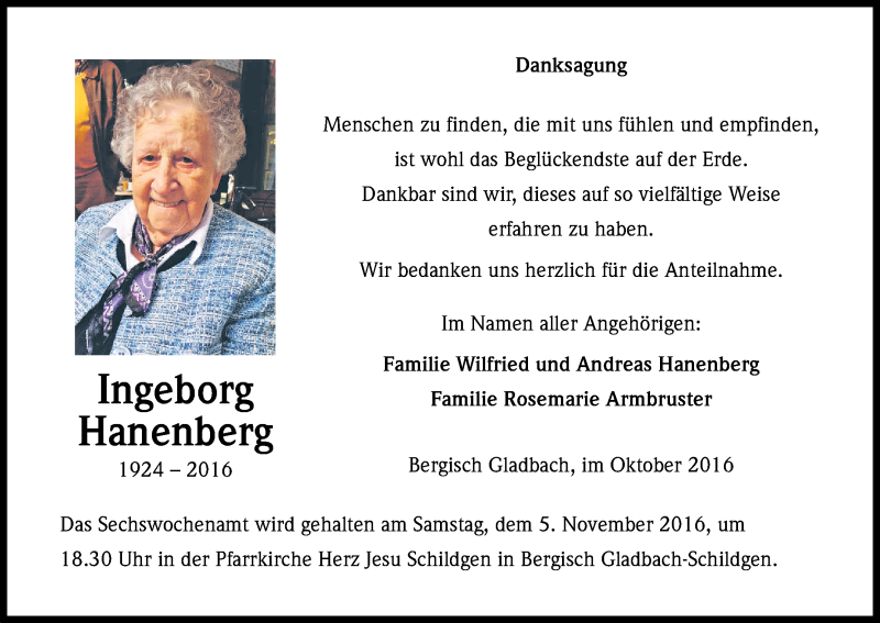  Traueranzeige für Ingeborg Hanenberg vom 29.10.2016 aus Kölner Stadt-Anzeiger / Kölnische Rundschau / Express