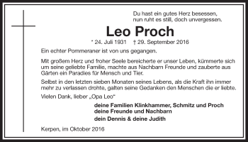 Anzeige von Leo Proch von  Sonntags-Post 