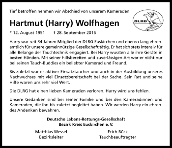 Anzeige von Hartmut Wolfhagen von Kölner Stadt-Anzeiger / Kölnische Rundschau / Express