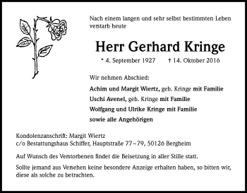 Anzeige von Gerhard Kringe von Kölner Stadt-Anzeiger / Kölnische Rundschau / Express