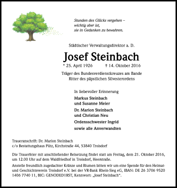 Anzeige von Josef Steinbach von Kölner Stadt-Anzeiger / Kölnische Rundschau / Express