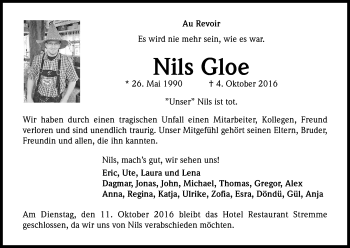 Anzeige von Nils Gloe von Kölner Stadt-Anzeiger / Kölnische Rundschau / Express