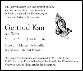 Anzeige von Gertrud Kau von Kölner Stadt-Anzeiger / Kölnische Rundschau / Express