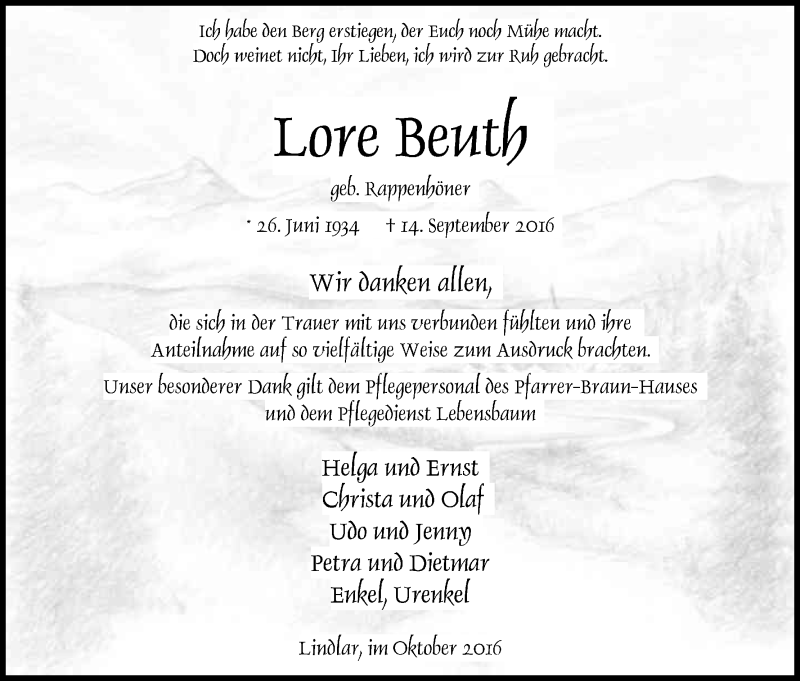  Traueranzeige für Lore Beuth vom 15.10.2016 aus Kölner Stadt-Anzeiger / Kölnische Rundschau / Express