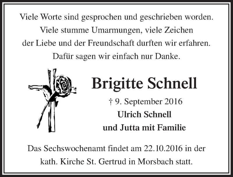  Traueranzeige für Brigitte Schnell vom 19.10.2016 aus  Lokalanzeiger 