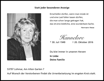 Anzeige von Hannelore  von Kölner Stadt-Anzeiger / Kölnische Rundschau / Express