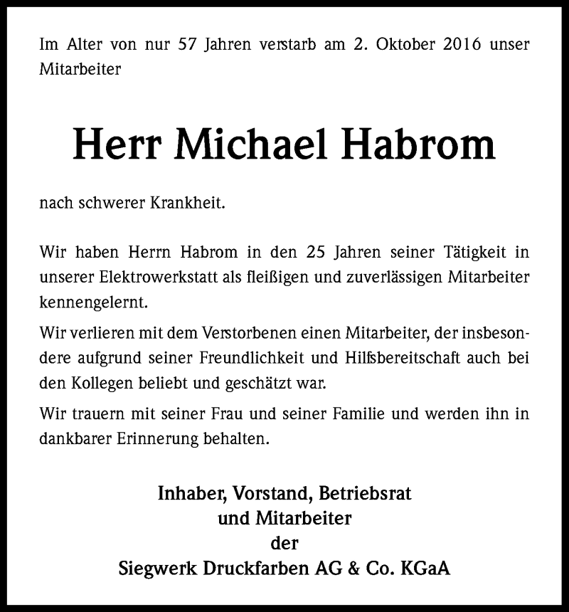  Traueranzeige für Michael Habrom vom 07.10.2016 aus Kölner Stadt-Anzeiger / Kölnische Rundschau / Express