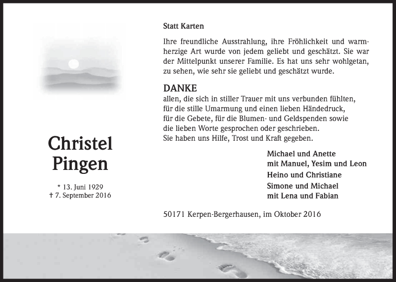  Traueranzeige für Christel Pingen vom 26.10.2016 aus  Werbepost 