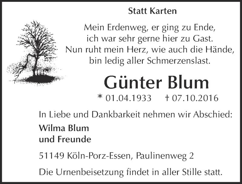  Traueranzeige für Günter Blum vom 26.10.2016 aus  Kölner Wochenspiegel 