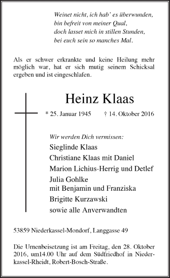 Anzeige von Heinz Klaas von  Extra Blatt 