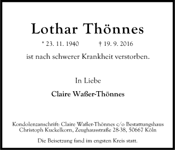 Anzeige von Lothar Thönnes von Kölner Stadt-Anzeiger / Kölnische Rundschau / Express