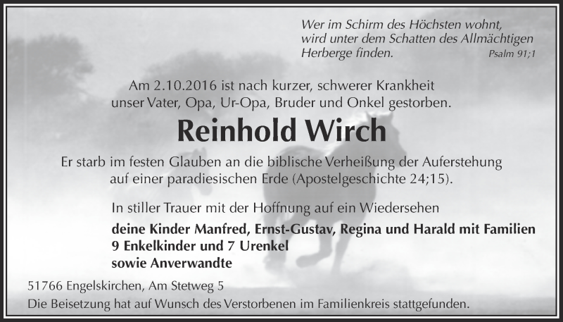  Traueranzeige für Reinhold Wirch vom 19.10.2016 aus  Anzeigen Echo 