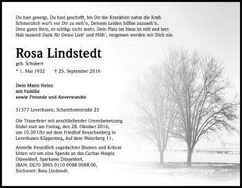 Anzeige von Rosa Lindstedt von Kölner Stadt-Anzeiger / Kölnische Rundschau / Express