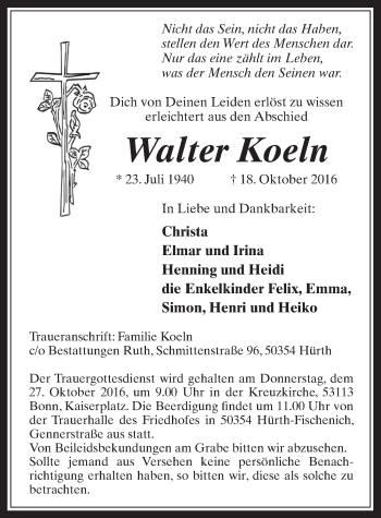 Anzeige von Walter Koeln von  Wochenende 