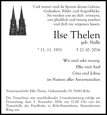 Anzeige von Ilse Thelen von Kölner Stadt-Anzeiger / Kölnische Rundschau / Express