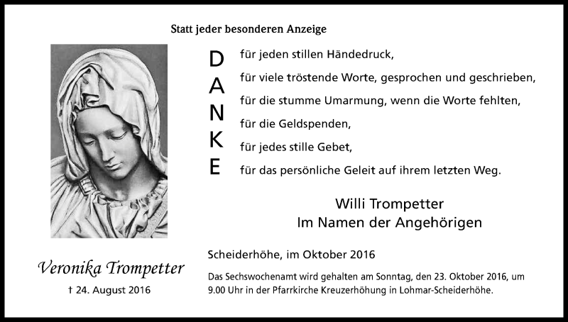  Traueranzeige für Veronika Trompetter vom 08.10.2016 aus Kölner Stadt-Anzeiger / Kölnische Rundschau / Express