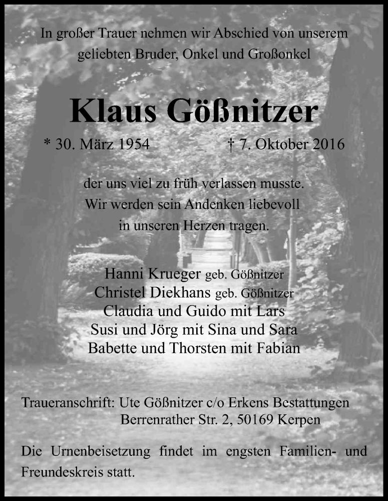  Traueranzeige für Klaus Gößnitzer vom 15.10.2016 aus Kölner Stadt-Anzeiger / Kölnische Rundschau / Express