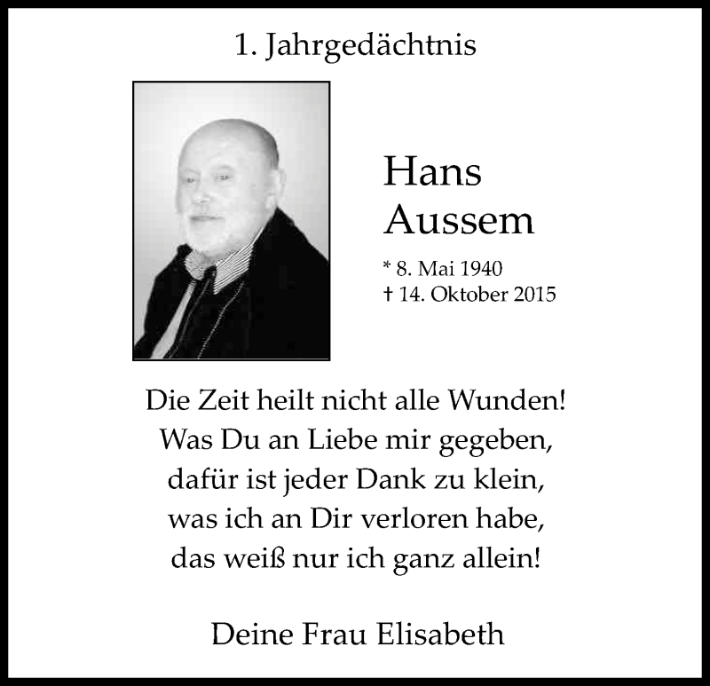  Traueranzeige für Hans Aussem vom 14.10.2016 aus Kölner Stadt-Anzeiger / Kölnische Rundschau / Express