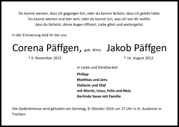 Anzeige von Corena/Jakob Päffgen von Kölner Stadt-Anzeiger / Kölnische Rundschau / Express