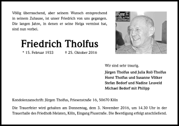 Anzeige von Friedrich Tholfus von Kölner Stadt-Anzeiger / Kölnische Rundschau / Express