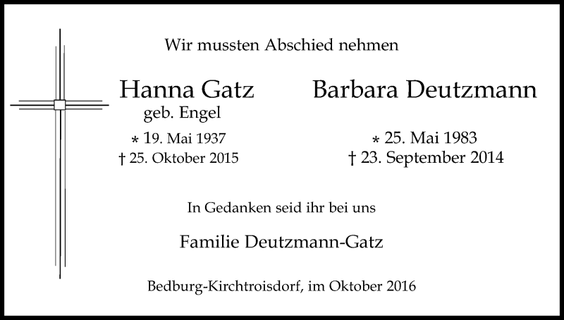  Traueranzeige für Hanna Gatz und Barbara Deutzmann vom 29.10.2016 aus Kölner Stadt-Anzeiger / Kölnische Rundschau / Express