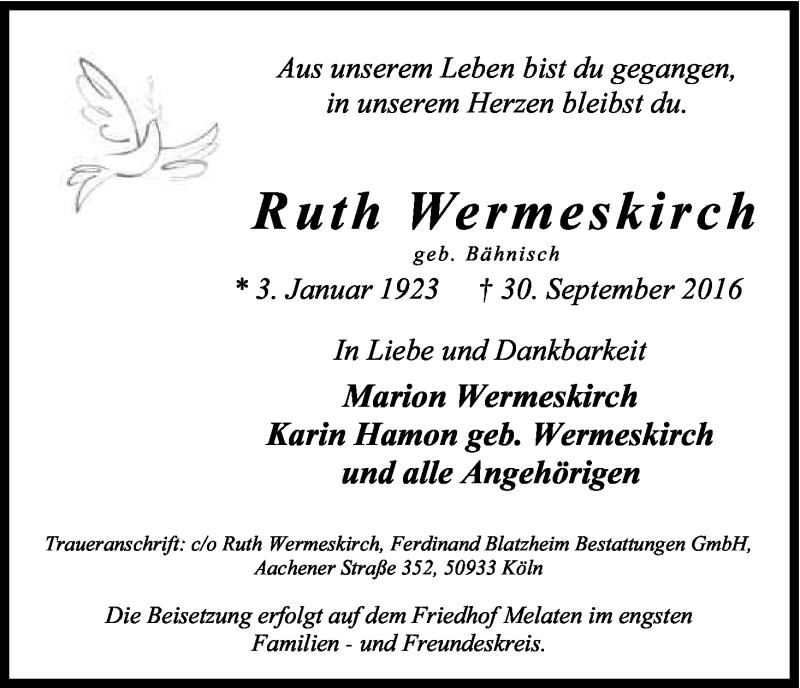  Traueranzeige für Ruth Wermeskirch vom 12.10.2016 aus Kölner Stadt-Anzeiger / Kölnische Rundschau / Express