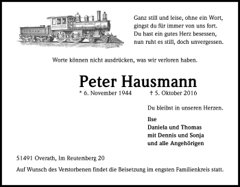 Anzeige von Peter Hausmann von Kölner Stadt-Anzeiger / Kölnische Rundschau / Express
