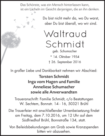 Anzeige von Waltraud Schmidt von  Schlossbote/Werbekurier 