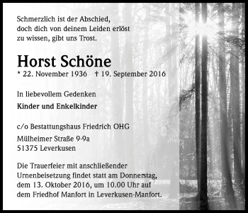 Anzeige von Horst Schöne von Kölner Stadt-Anzeiger / Kölnische Rundschau / Express