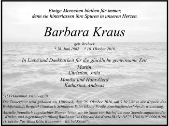 Anzeige von Barbara Kraus von Kölner Stadt-Anzeiger / Kölnische Rundschau / Express