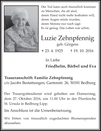 Anzeige von Luzie Zehnpfennig von  Werbepost 