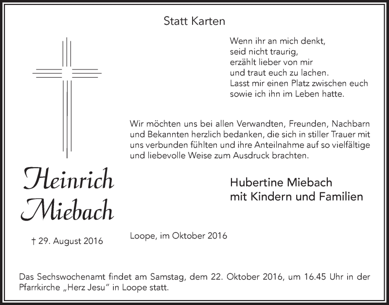  Traueranzeige für Heinrich Miebach vom 12.10.2016 aus  Anzeigen Echo 