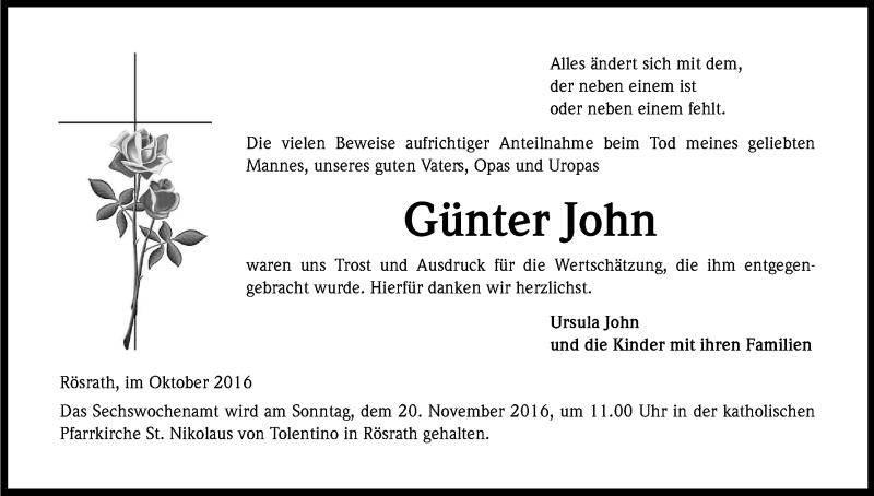  Traueranzeige für Günter John vom 22.10.2016 aus Kölner Stadt-Anzeiger / Kölnische Rundschau / Express