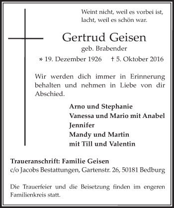 Anzeige von Gertrud Geisen von  Werbepost 