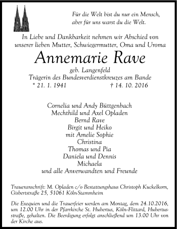 Anzeige von Annemarie Rave von Kölner Stadt-Anzeiger / Kölnische Rundschau / Express