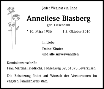 Anzeige von Anneliese Blasberg von Kölner Stadt-Anzeiger / Kölnische Rundschau / Express