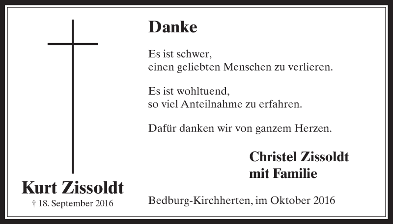  Traueranzeige für Kurt Zissoldt vom 19.10.2016 aus  Werbepost 