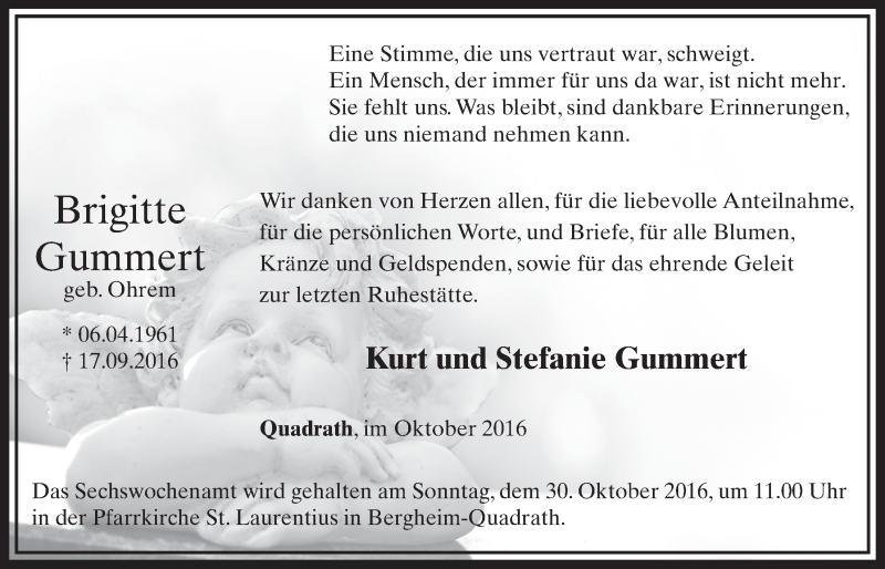  Traueranzeige für Brigitte Gummert vom 22.10.2016 aus  Sonntags-Post 
