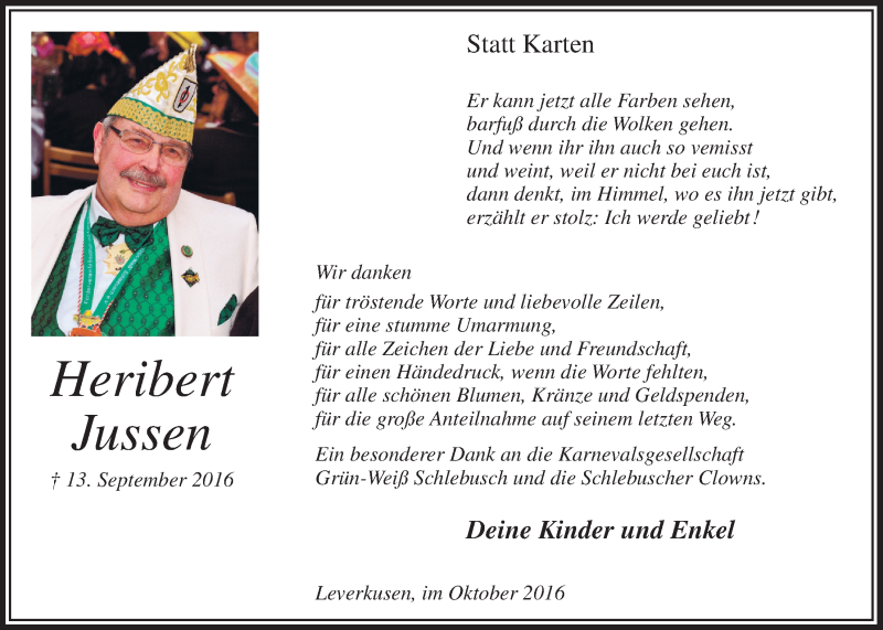  Traueranzeige für Heribert Jussen vom 26.10.2016 aus  Lokale Informationen 