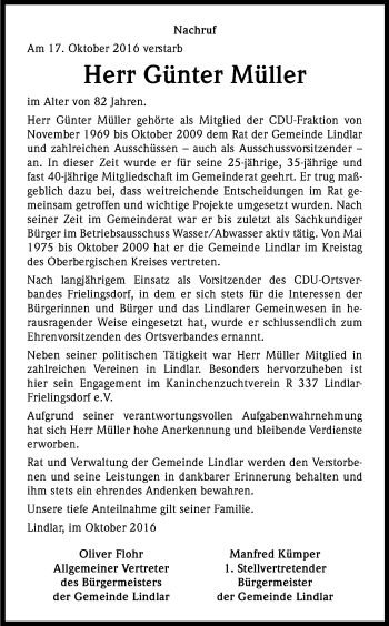 Anzeige von Müller Günter von Kölner Stadt-Anzeiger / Kölnische Rundschau / Express