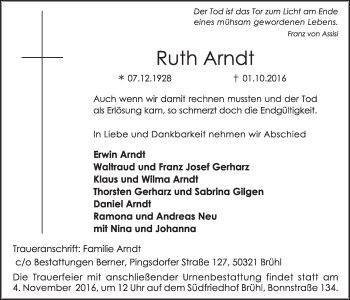 Anzeige von Ruth Arndt von  Wochenende 