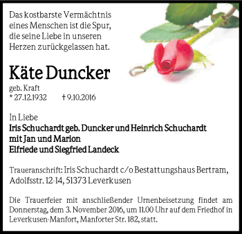 Anzeige von Käte Duncker von Kölner Stadt-Anzeiger / Kölnische Rundschau / Express