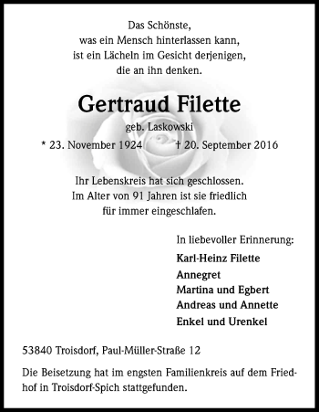Anzeige von Gertraud Filette von Kölner Stadt-Anzeiger / Kölnische Rundschau / Express