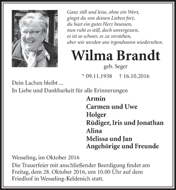 Anzeige von Wilma Brandt von  Schlossbote/Werbekurier 