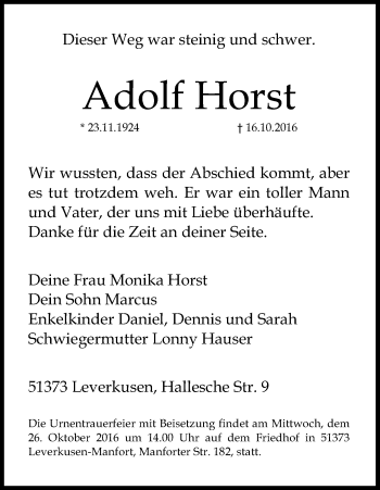 Anzeige von Adolf Horst von Kölner Stadt-Anzeiger / Kölnische Rundschau / Express