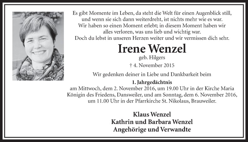  Traueranzeige für Irene Wenzel vom 29.10.2016 aus  Sonntags-Post 