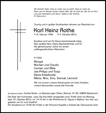 Anzeige von Karl Heinz Rothe von Kölner Stadt-Anzeiger / Kölnische Rundschau / Express