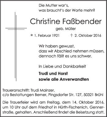 Anzeige von Christine Faßbender von  Wochenende 