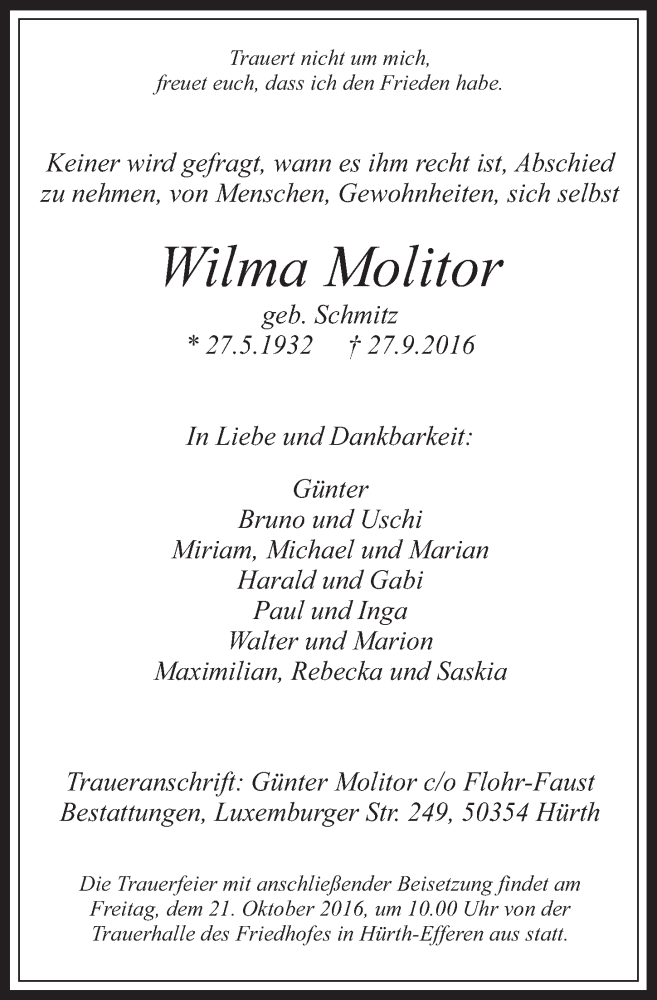  Traueranzeige für Wilma Molitor vom 12.10.2016 aus  Wochenende 
